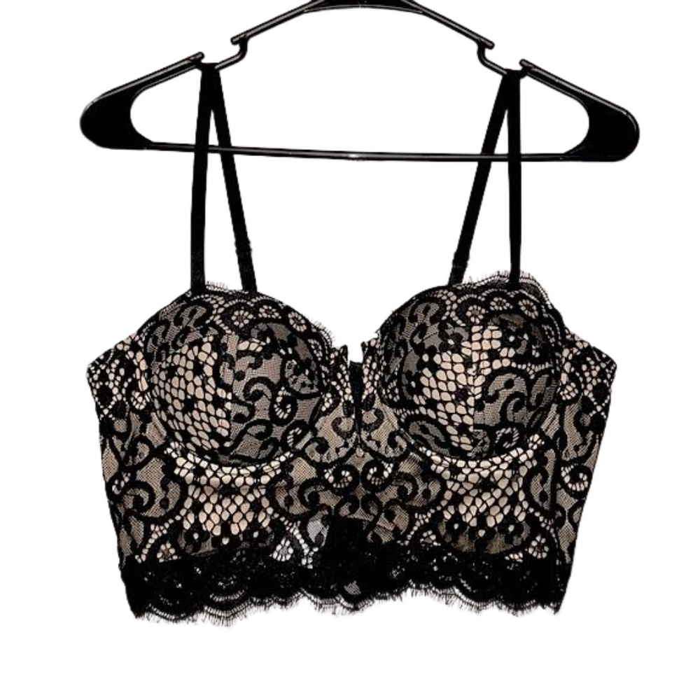 Tan Bustier with Black Floral Lace Detail and Adjustable Straps